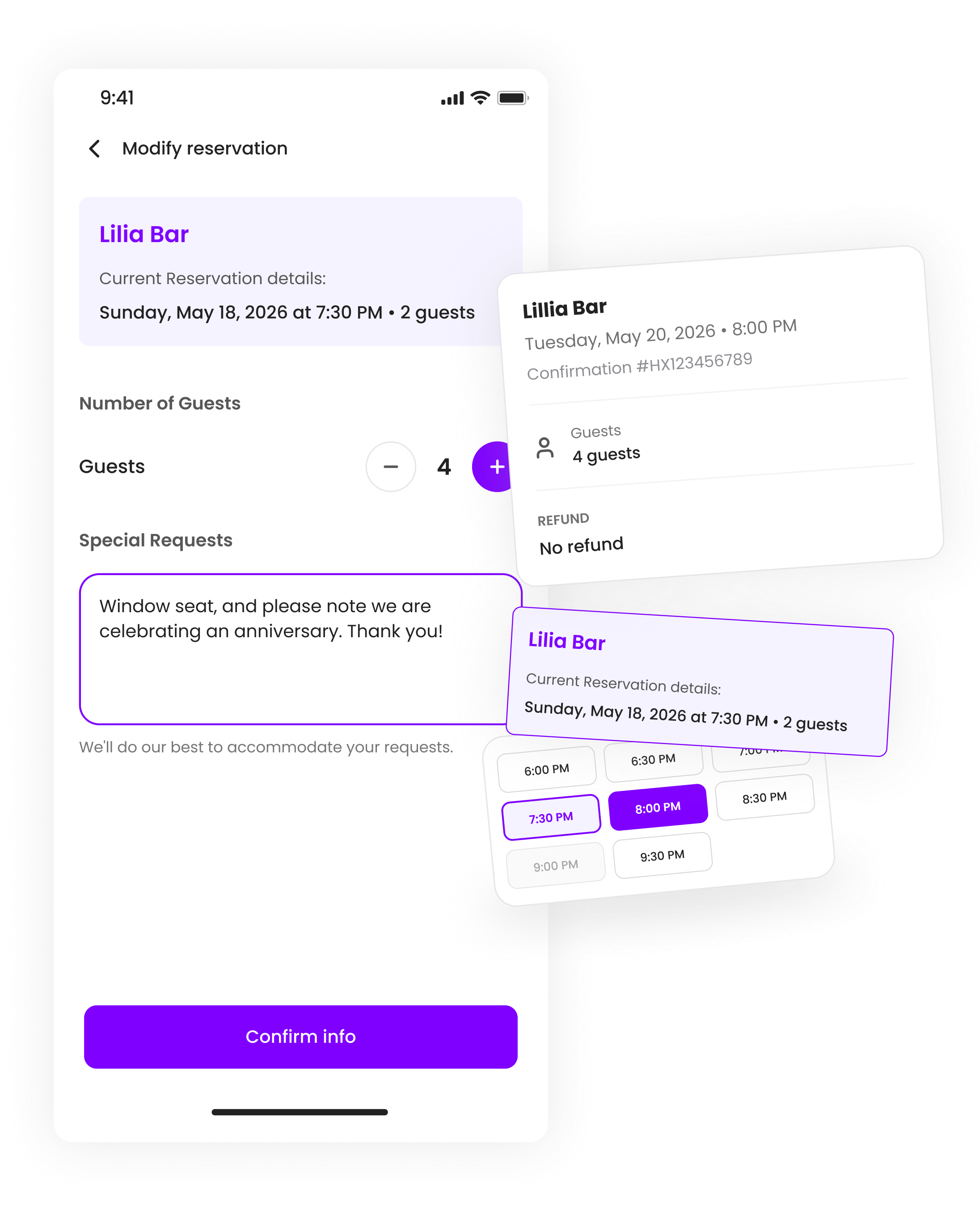 Bar reservation modification screen showing guest details and special requests