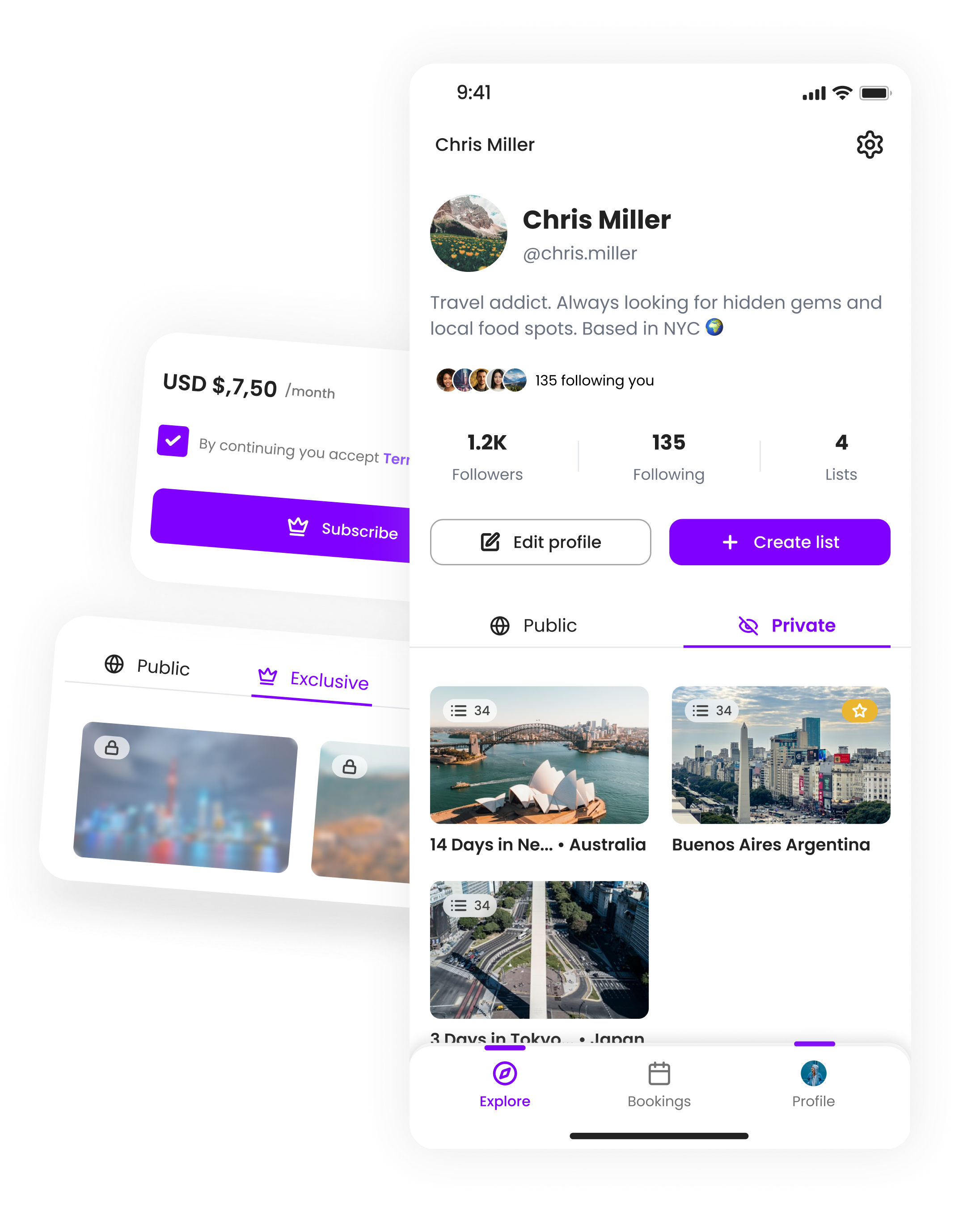 Creator profile showing followers, lists, and exclusive content