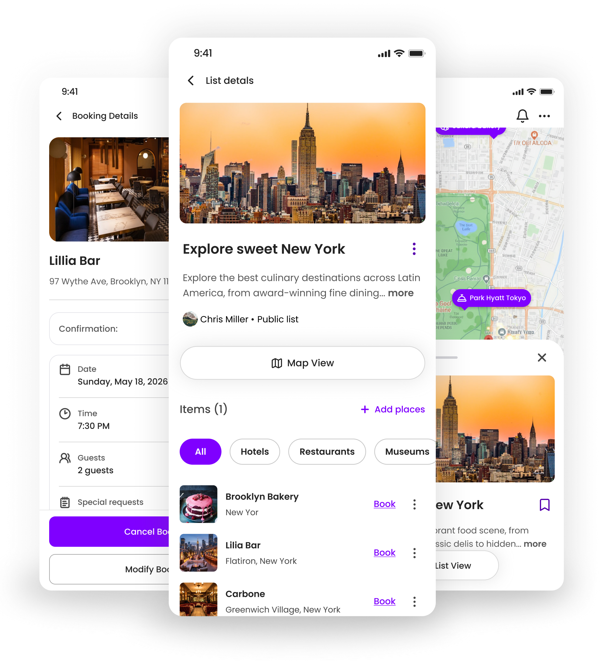 Meros app screens: list details, map view and a confirmed booking