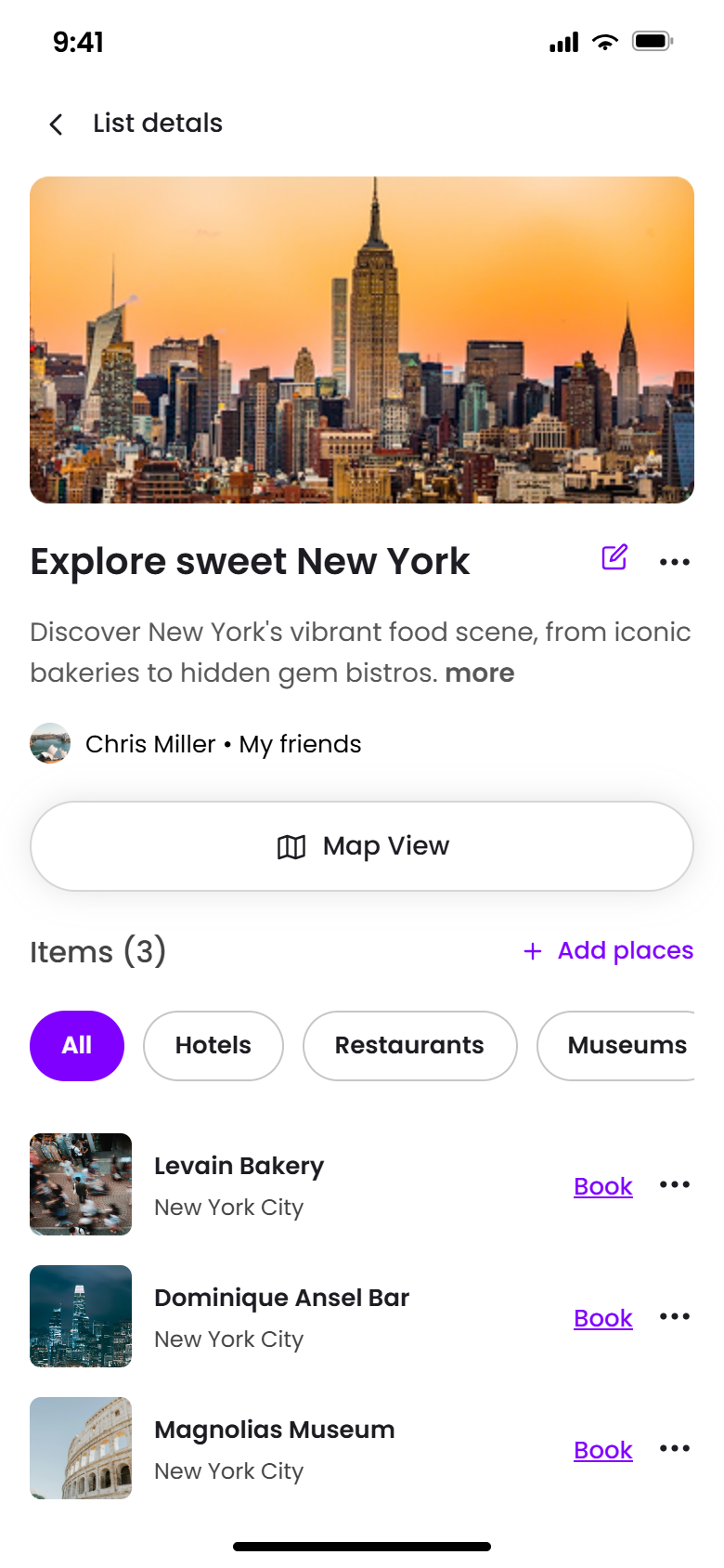 Meros app showing a curated travel list